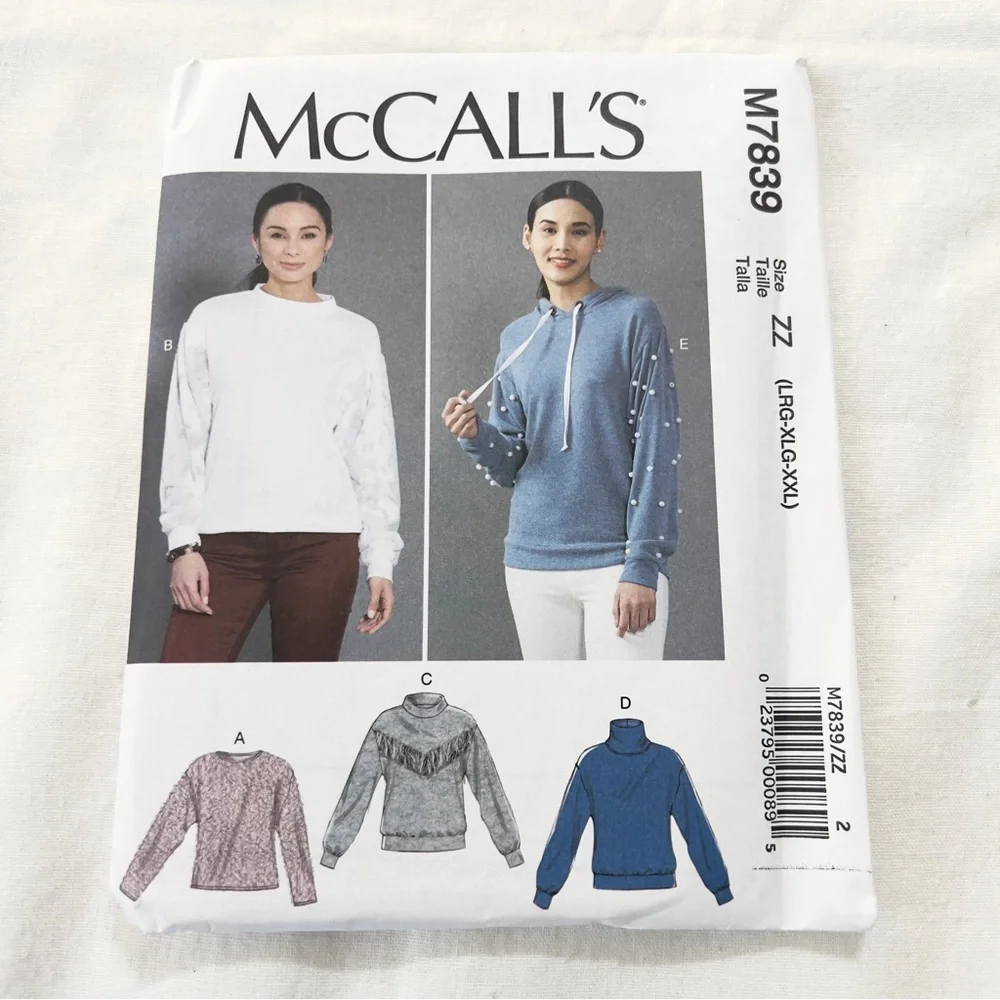 McCall’s M7839 Sewing Pattern Hoodie Sweatshirt Uncut Factory Folded